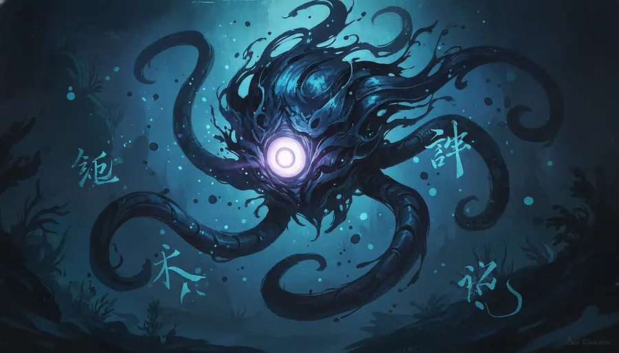 Vel'Koz League of Legends skin concept splash art, deep ocean abyss setting, ...