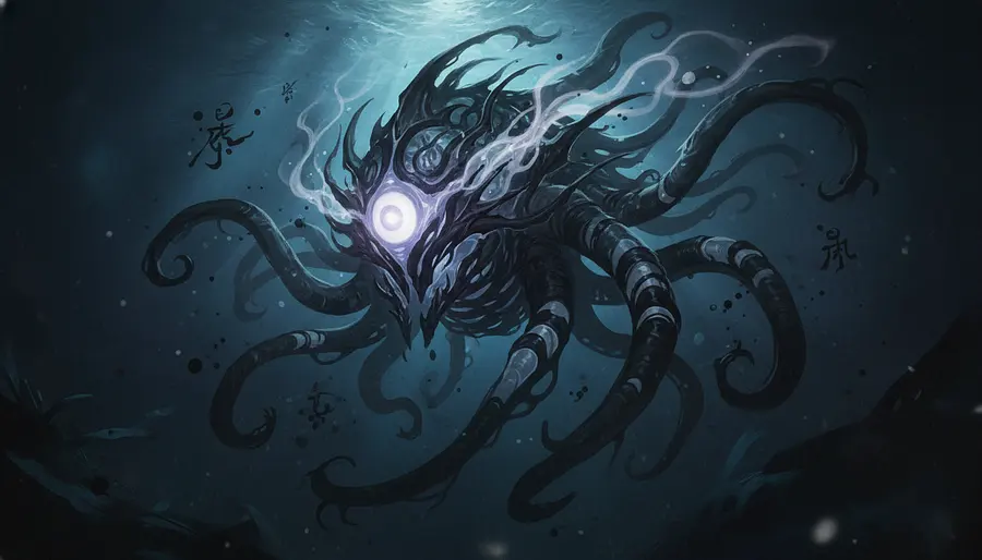 Vel'Koz League of Legends skin concept splash art, deep ocean abyss setting, ...