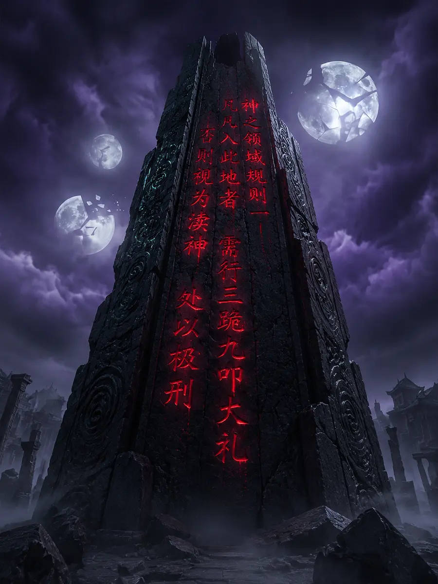 生成这个场景中，巨大黑色石碑上的文字特写，石碑上用中文写着猩红狰狞的文字“神之领域规则一 凡入此地者 需行三跪九叩大礼 否则视为渎神 处以极刑”。要求文字...