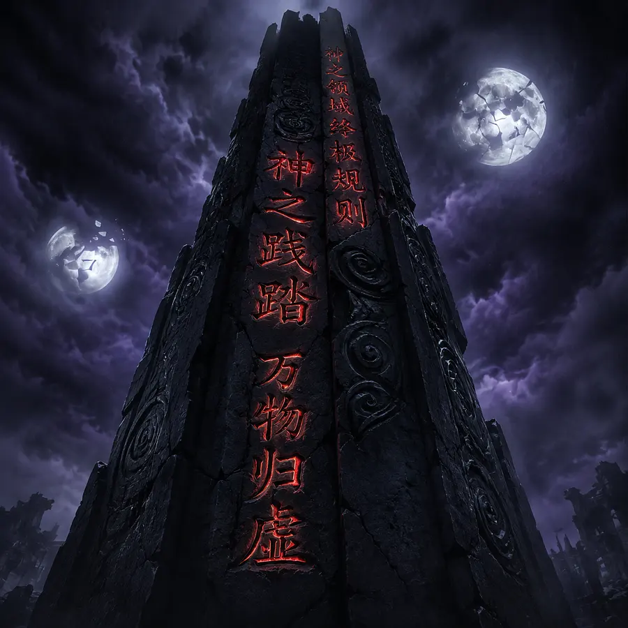生成这个场景中，巨大黑色石碑上的文字特写，石碑上用中文写着猩红狰狞的文字“神之领域终极规则  神之践踏  万物归虚”。要求文字要清晰可见。低角度仰拍，空镜头。