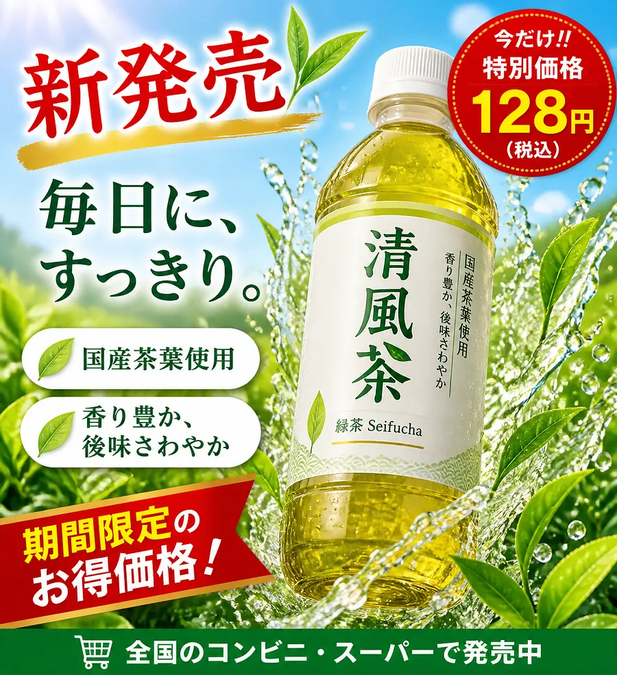 {"type": "promotional advertisement poster for a bottled green tea beverage", "product": {"type":...