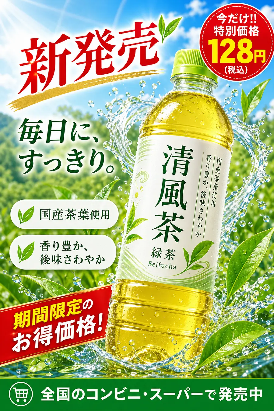 {"type": "promotional advertisement poster for a bottled green tea beverage",...